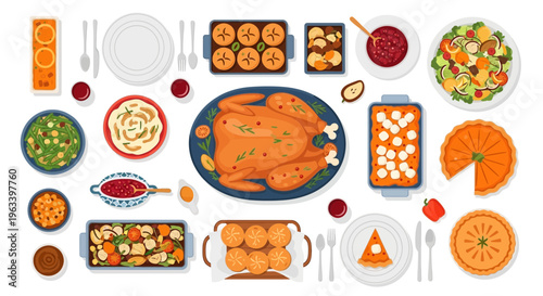 Traditional Thanksgiving Dinner Feast Overhead View.