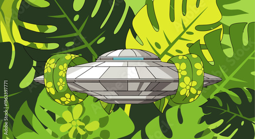 stylized ufo spaceship with green floral foliage hovering in a lush tropical jungle blending technology and nature in a vibrant illustration.