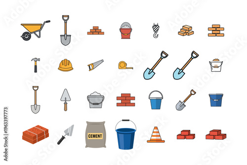 set of tools for construction including buckets, bricks, shovels, helmet, cone, cement bag, measuring tape, etc.