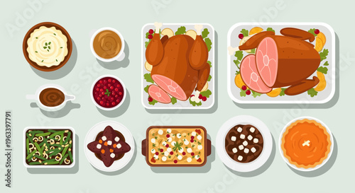 Traditional Thanksgiving Dinner Feast Spread Top View.