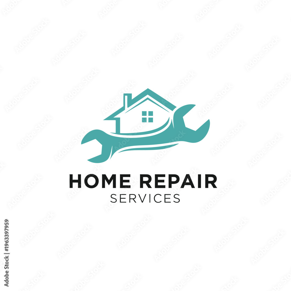 Fototapeta premium Home repair services emblem with teal wrench and stylized house illustration on checkered backdrop.