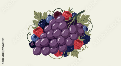 Vibrant Bunch of Grapes Surrounded by Assorted Berries.