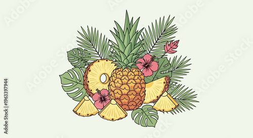Vibrant Tropical Pineapple Composition with Exotic Flowers and Leaves.
