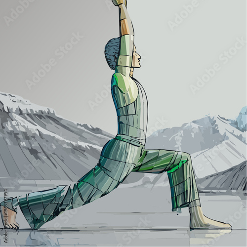 Person practicing yoga in a low lunge pose with arms raised.
