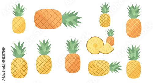 Watercolor Collection of Fresh Ripe Pineapples.