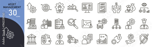 Asset management icons set representing asset tracking, investment, portfolio, maintenance, financial planning, resource management and performance monitoring in clean outline style.