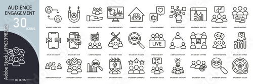 Audience engagement icons set representing interaction, communication, community, feedback, social media, digital marketing, analytics, growth and online engagement in clean outline style.