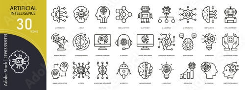 Artificial intelligence icons set representing AI systems, machine learning, neural networks, automation, data processing, smart technology and digital innovation in clean outline style.