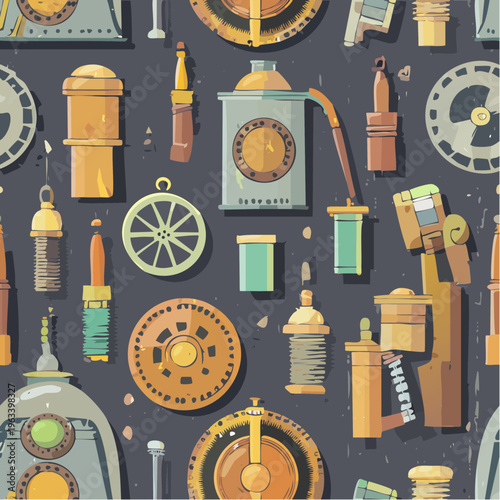 Steampunk mechanical parts and gears intricate industrial components.