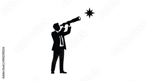 Strategic vision concept A businessman looking through a telescope at a star, symbolizing future goals, opportunity, and the journey to success