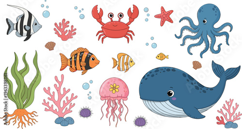 Cute ocean animals collection with whale octopus crab fish jellyfish coral cartoon illustration set