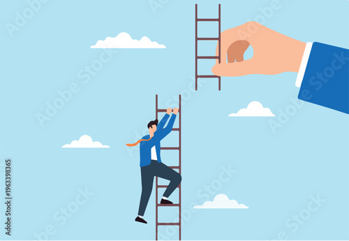 Flat illustration businessman climb broken ladder with giant helping hand connect next part