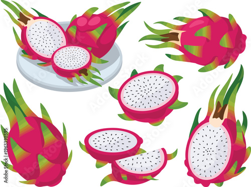 Dragon fruit collection with whole and sliced pitaya tropical fruit colorful flat illustration set