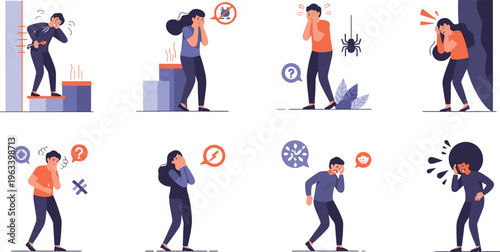 People Experiencing Fear and Anxiety Illustration Set with Phobias, Stress Reactions, Panic Situations, and Emotional Distress Characters for Mental Health Awareness Design
