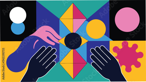 Symmetrical composition of hands and geometric forms creating vision and focus illustration