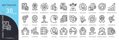 Best practice icons set representing standards, guidelines, efficiency, improvement, quality, workflow optimization, success methods and professional excellence in clean outline style.