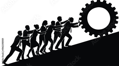 Business team pushing gear uphill, symbolizing collaborative effort, strategic progress, and collective success against challenges