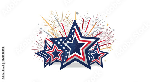 Graphic illustration of red, white, and blue star shapes with fireworks on a white background, conveying a celebratory mood.