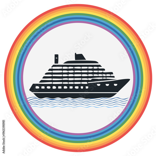 Silhouette of a cruise ship sailing on wavy water within a vibrant rainbow circle