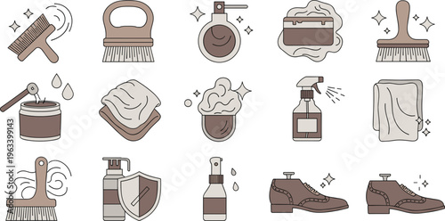 Shoe Cleaning and Leather Care Illustration Set with Brushes, Polish, Spray, Cloth, and Maintenance Tools for Footwear Care and Protection Design