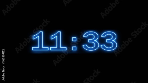 Neon clock timer illustration. Timer clock on black background. stopwatch countdown clock. 