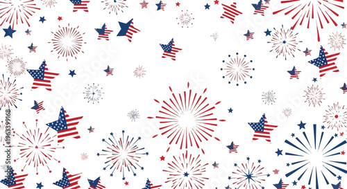 Patriotic background with American flag stars and fireworks on white, conveying a festive and celebratory mood with red, white, and blue colors.