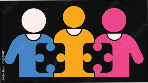 Three diverse people connecting with puzzle pieces in their shirts on a black background