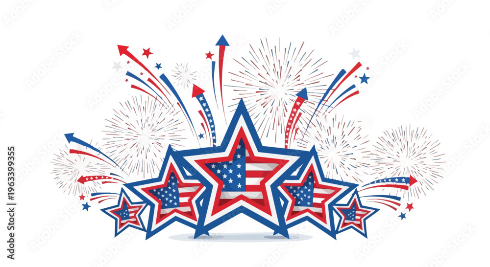 Obraz premium Red, white, and blue star illustrations with fireworks on a white background, symbolizing American Independence Day celebrations.