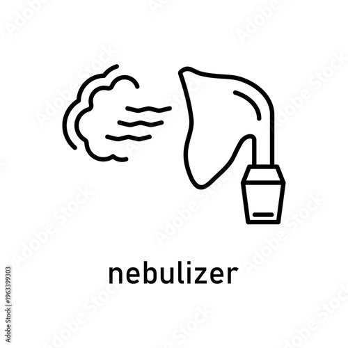 Line drawing of a nebulizer releasing a medicated mist, great for medical illustrations, healthcare infographics, respiratory care visuals.