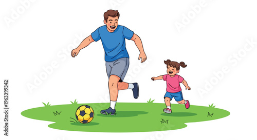A cartoon illustration of a man and a little girl playing soccer on a green field with a yellow ball.