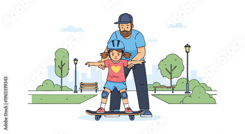 A man in a blue shirt guides a young girl wearing a pink shirt and knee pads on a skateboard in a park with trees and street lamps.