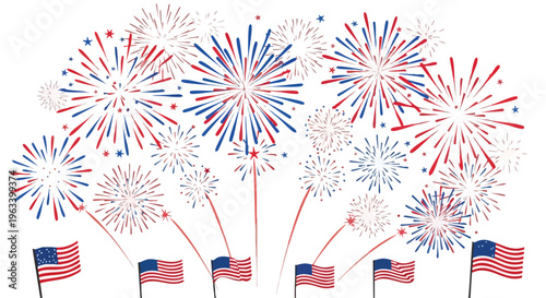 Vibrant fireworks exploding in red, white, and blue hues with American flags on a white background, conveying a festive and patriotic mood.