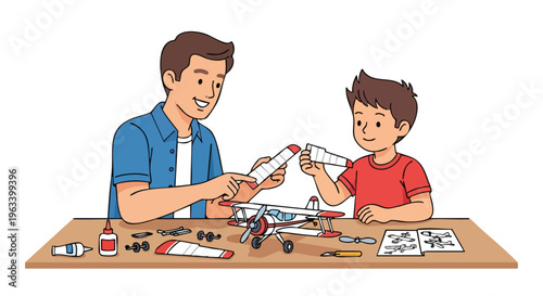 A man and a boy building model airplanes together at a table with tools and instructions.