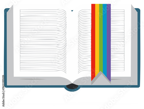 Open book with rainbow ribbon bookmark showing pages with lines