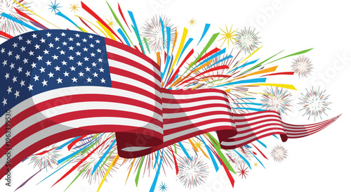 Waving American flag with colorful fireworks exploding in the background on a white backdrop with a patriotic and celebratory mood.