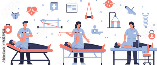 Physical Therapy and Rehabilitation Illustration with Physiotherapist Treating Patients, Exercise Equipment, Recovery Process, and Healthcare Medical Services Design