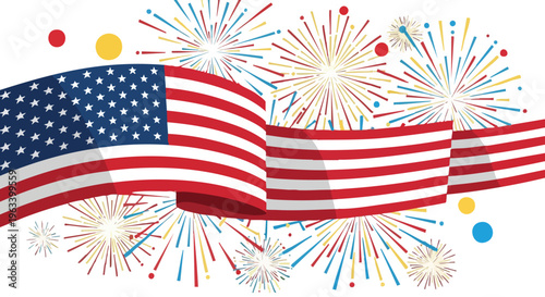 Illustration of a waving American flag with colorful fireworks on a white background, conveying a celebratory mood with patriotic and festive elements.