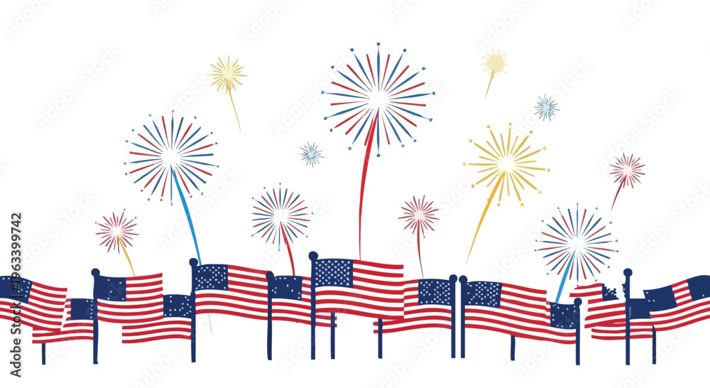 Obraz premium Illustration of American flags waving with colorful fireworks exploding in the background on a white backdrop.