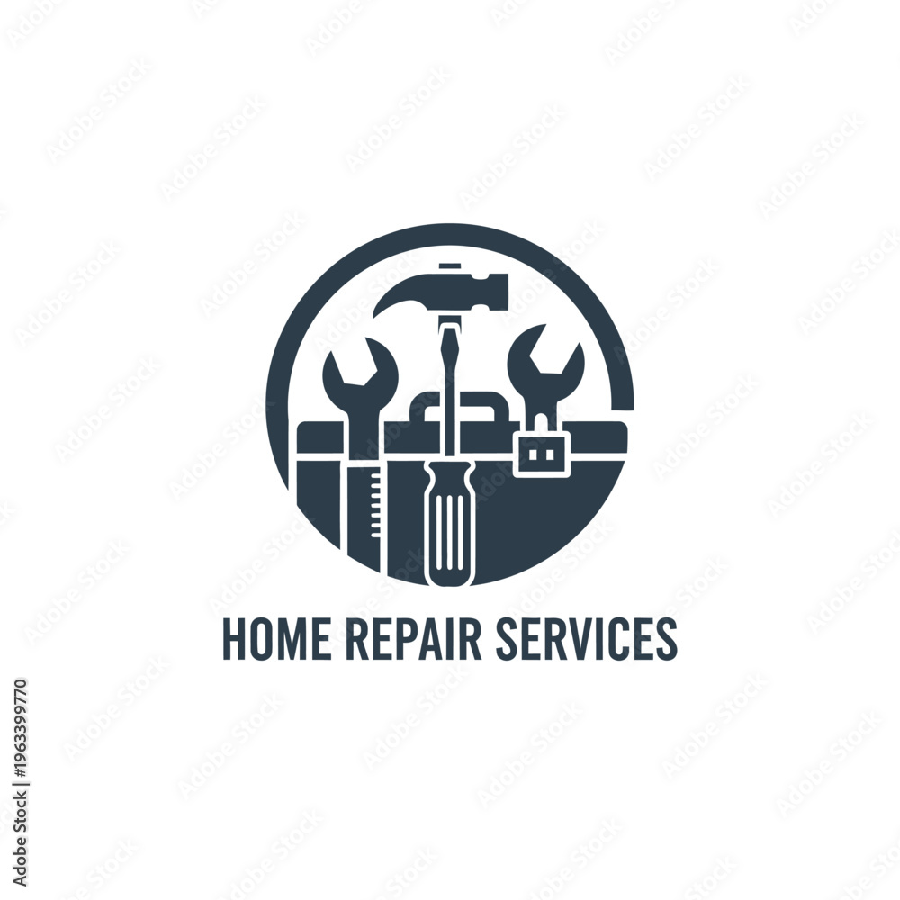 Obraz premium Home repair services logo with dark blue tools inside circle and house outline.