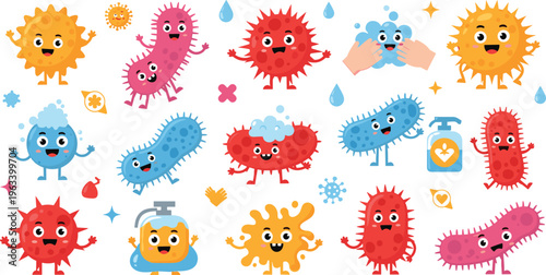 Cute Germs and Bacteria Characters Illustration with Hygiene, Handwashing, Virus Prevention, and Cartoon Microorganisms for Health Education and Medical Awareness Design