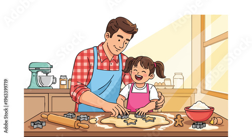 A man and a young girl baking together in a kitchen with a rolling pin and flour on the counter.