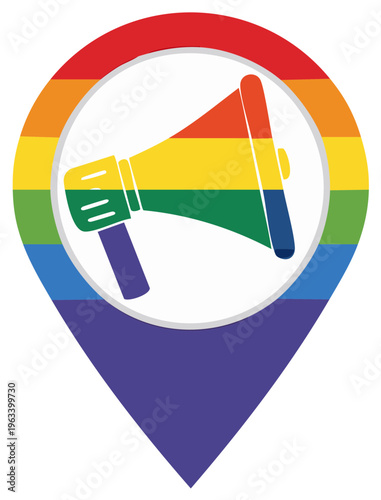 Vibrant rainbow megaphone icon within a colorful map pointer promoting equality and advocacy