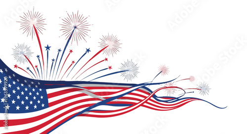 Illustration of an American flag waving with fireworks exploding in red, white, and blue colors against a clean white background.