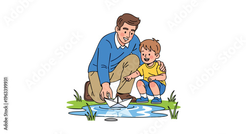 A man and a young boy crouching beside a puddle on grassy ground, examining water with a casual outdoor setting.