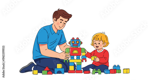 A man and a child building a colorful tower with blocks on the floor, with a playful mood against a clean white background.