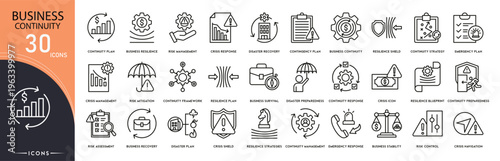Fotografía Business continuity icons set representing risk management, disaster recovery, backup planning, crisis response, resilience, operations continuity and emergency preparedness