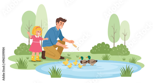 A man and a little girl feeding ducks in a serene park pond with lush greenery and a clean white background.
