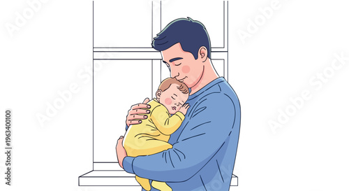 A tender father holding and cuddling his baby in front of a window with a soft, warm atmosphere.