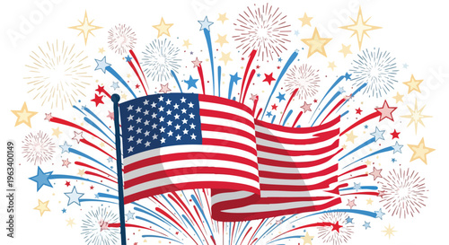 Illustration of a waving American flag with colorful fireworks and stars on a white background, conveying a celebratory mood with patriotic and festive elements.