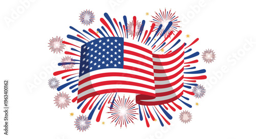Illustration of a waving American flag surrounded by colorful fireworks and explosive lines on a white background with a patriotic theme.